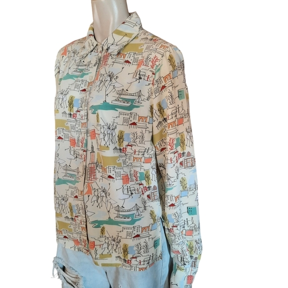 VINTAGE 90s Top Size Small Dancing Stick Figures and City Print Whimsical - Picture 5 of 9